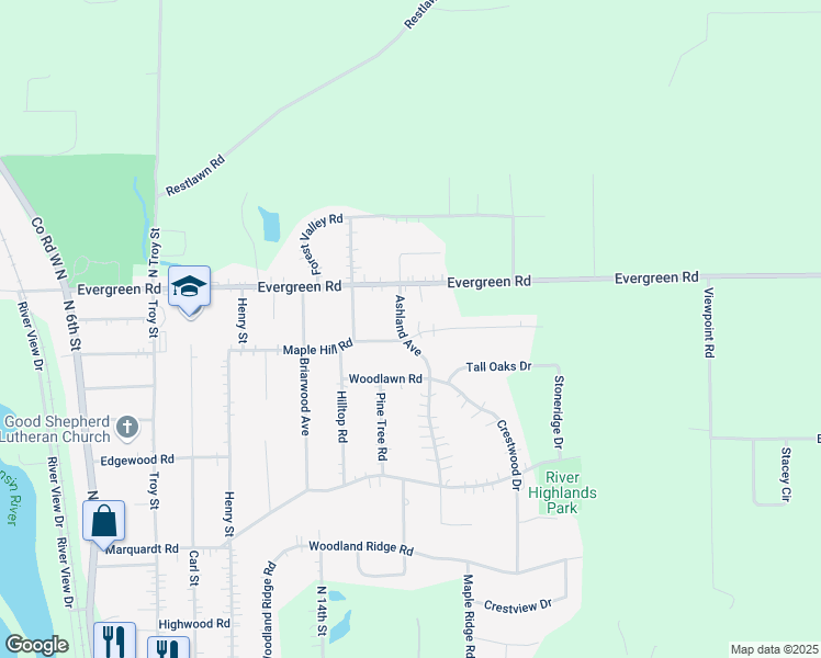 map of restaurants, bars, coffee shops, grocery stores, and more near 1601 Maple Hill Road in Wausau