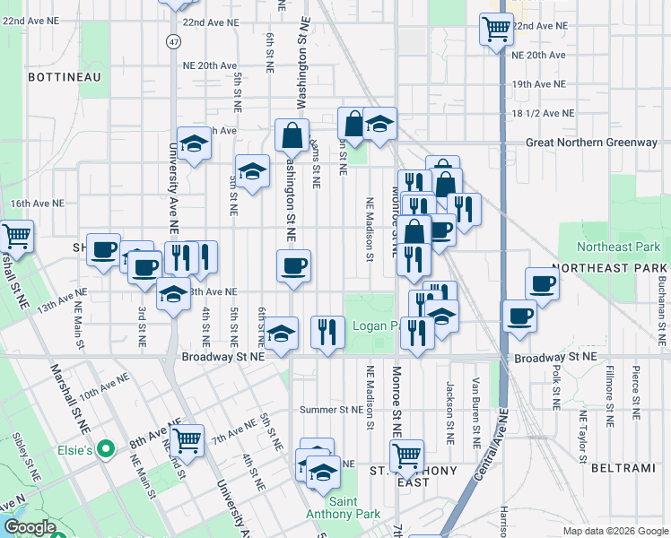 map of restaurants, bars, coffee shops, grocery stores, and more near 1319 Jefferson Street Northeast in Minneapolis