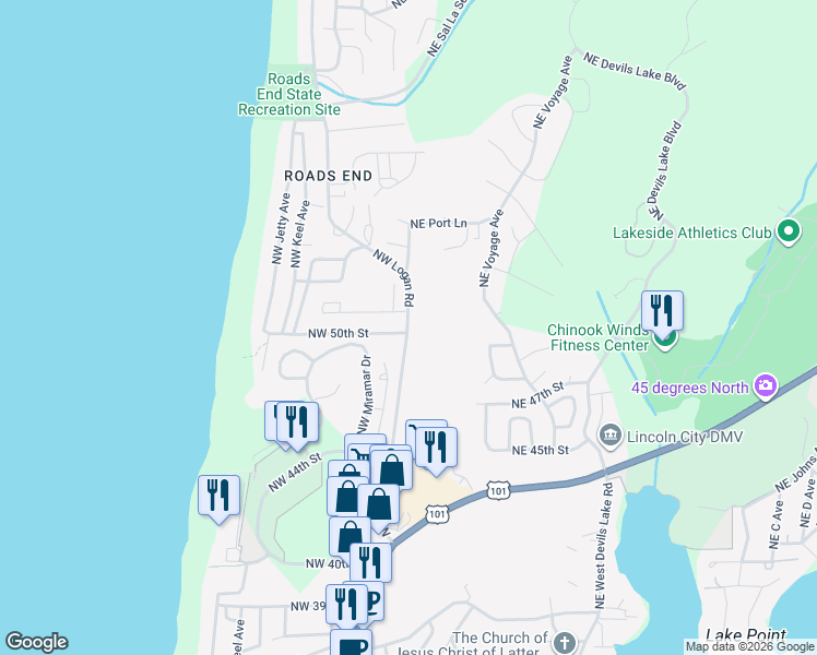 map of restaurants, bars, coffee shops, grocery stores, and more near 2168 Northwest 50th Street in Lincoln City