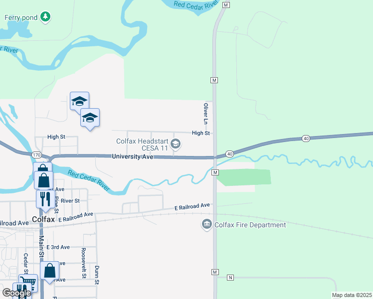 map of restaurants, bars, coffee shops, grocery stores, and more near 1009 University Avenue in Colfax