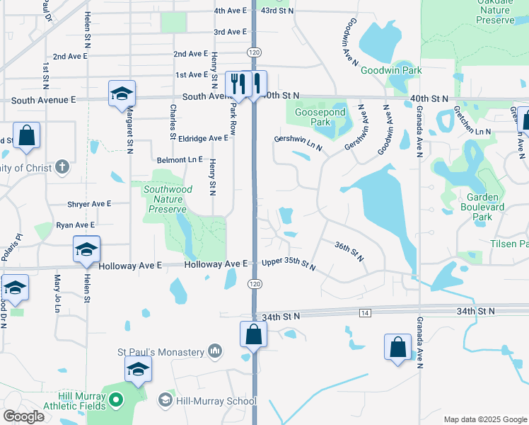 map of restaurants, bars, coffee shops, grocery stores, and more near 3615 Genevieve Avenue North in Oakdale
