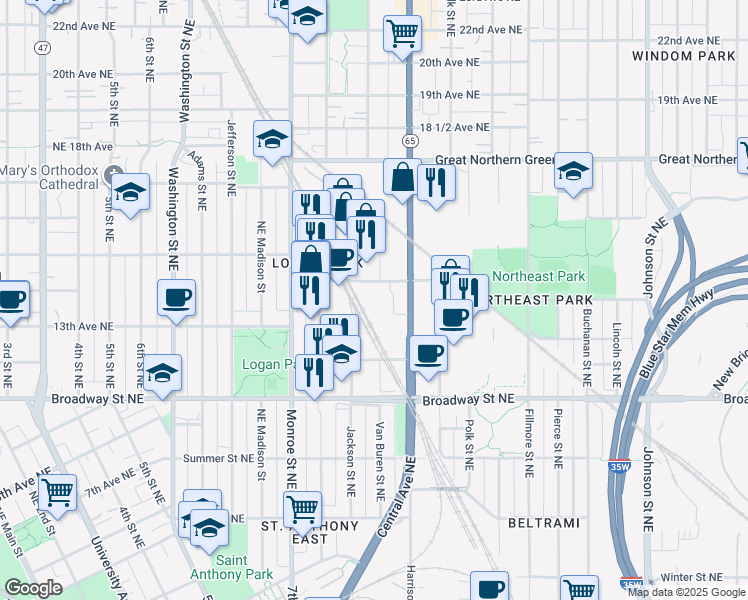 map of restaurants, bars, coffee shops, grocery stores, and more near 1301 Northeast Jackson Street in Minneapolis
