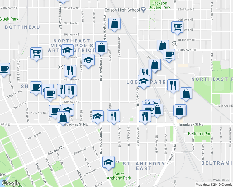 map of restaurants, bars, coffee shops, grocery stores, and more near 1319 Jefferson Street Northeast in Minneapolis