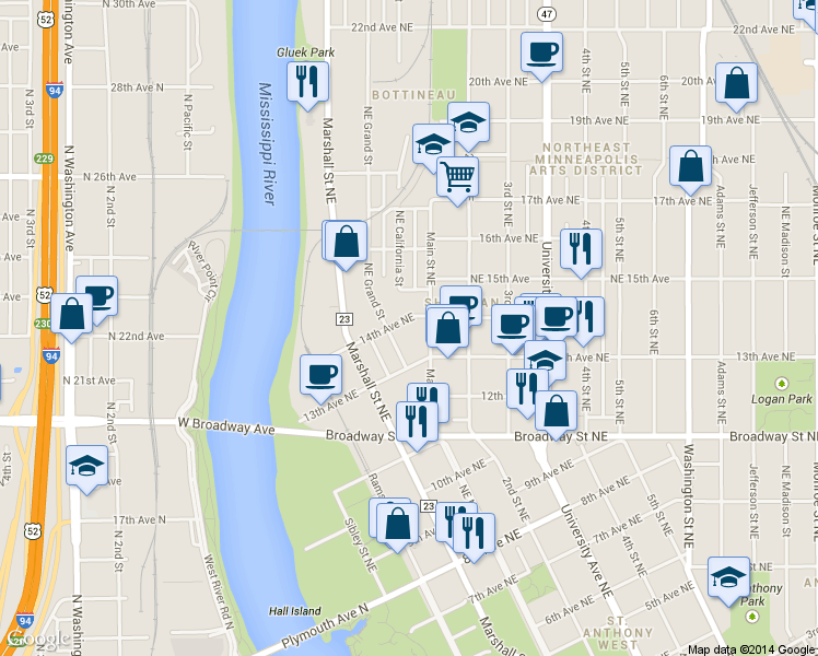 map of restaurants, bars, coffee shops, grocery stores, and more near 1321 Grand Street Northeast in Minneapolis