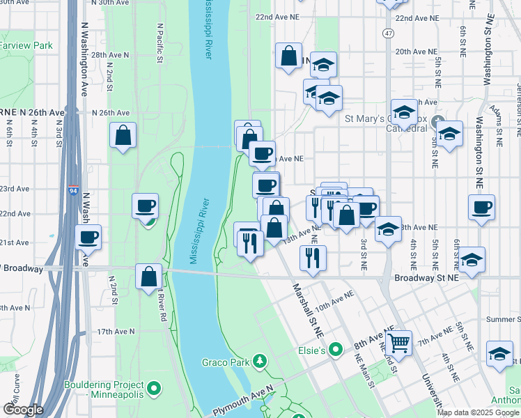 map of restaurants, bars, coffee shops, grocery stores, and more near 1400 Marshall Street Northeast in Minneapolis