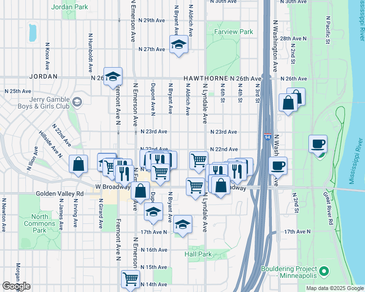 map of restaurants, bars, coffee shops, grocery stores, and more near 2200 North Aldrich Avenue in Minneapolis