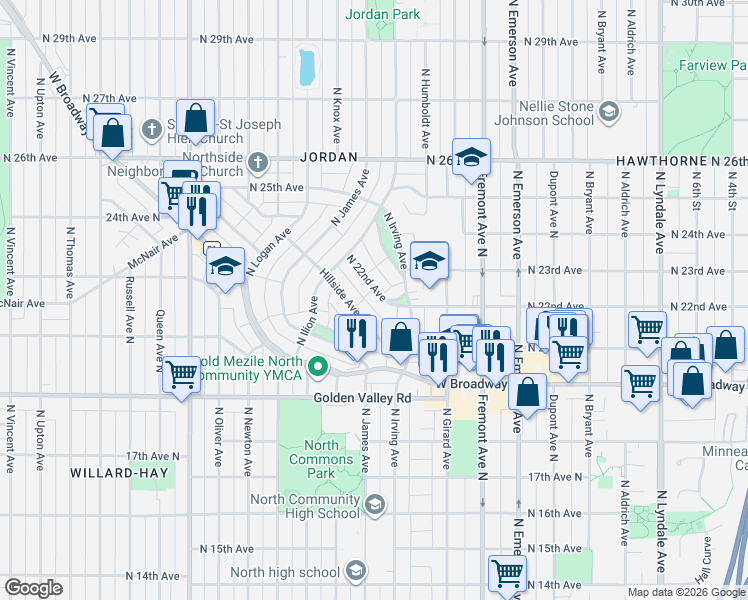 map of restaurants, bars, coffee shops, grocery stores, and more near 1523 North 22nd Avenue in Minneapolis