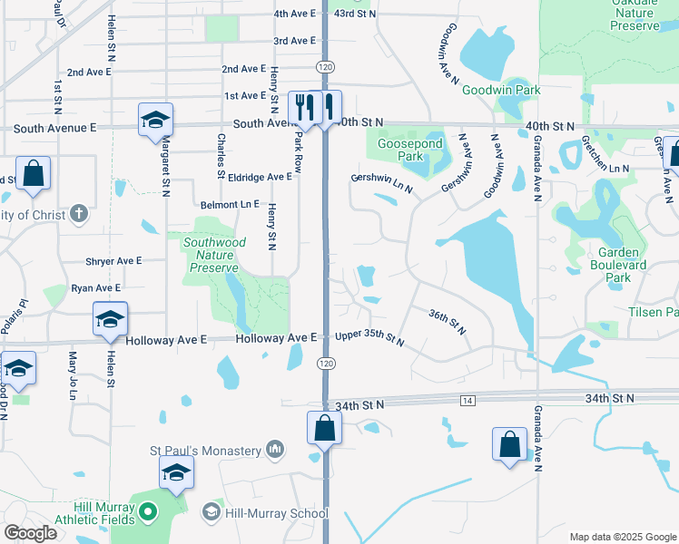 map of restaurants, bars, coffee shops, grocery stores, and more near 3615 Genevieve Avenue North in Oakdale
