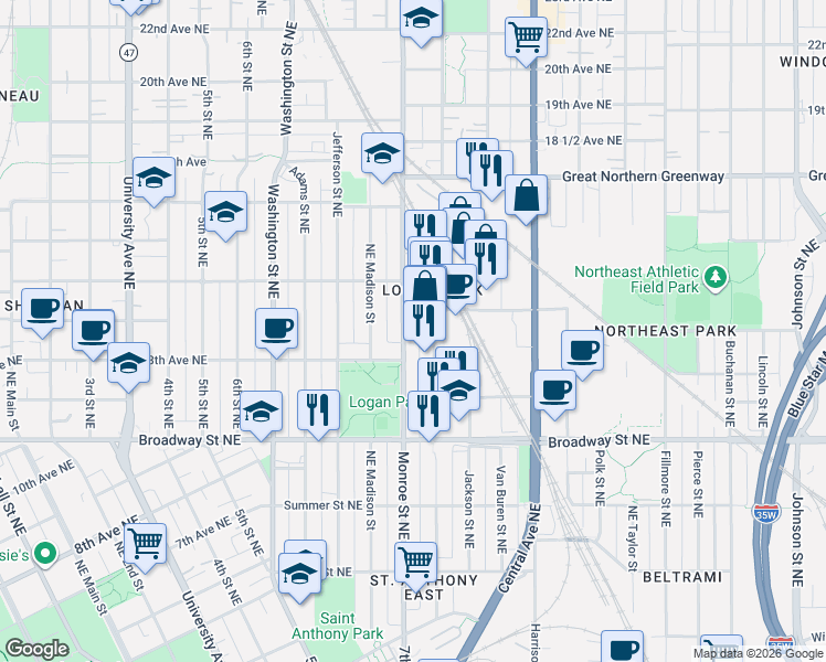 map of restaurants, bars, coffee shops, grocery stores, and more near 1317 Monroe Street Northeast in Minneapolis