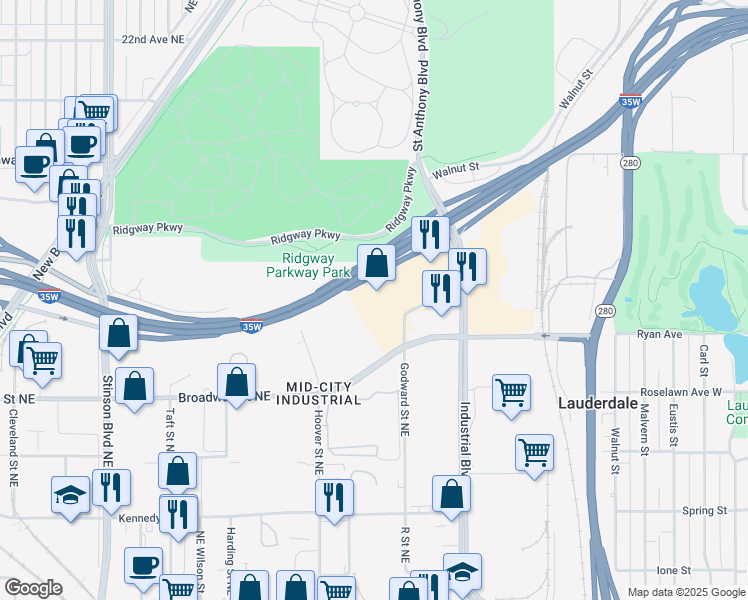 map of restaurants, bars, coffee shops, grocery stores, and more near 1300 Godward Street Northeast in Minneapolis