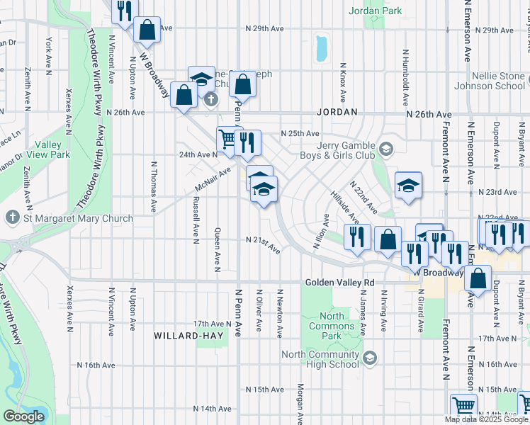 map of restaurants, bars, coffee shops, grocery stores, and more near 2210 North Oliver Avenue in Minneapolis