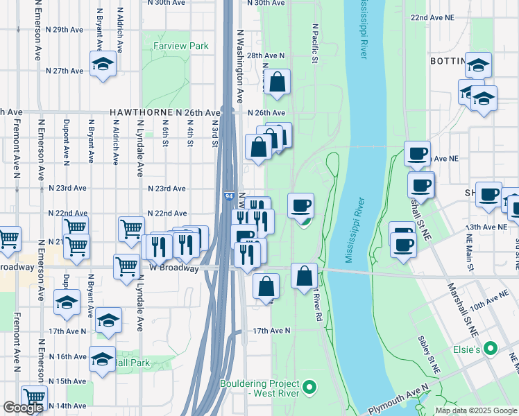 map of restaurants, bars, coffee shops, grocery stores, and more near 2201 North 2nd Street in Minneapolis