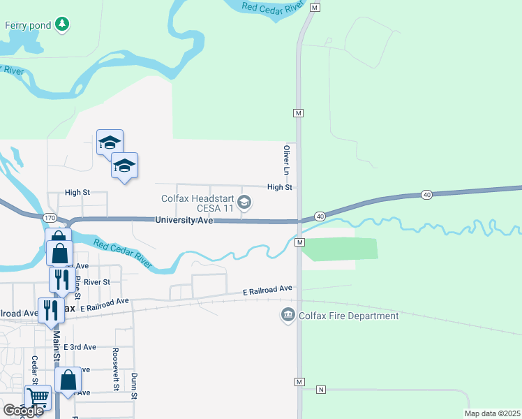 map of restaurants, bars, coffee shops, grocery stores, and more near 1009 University Avenue in Colfax