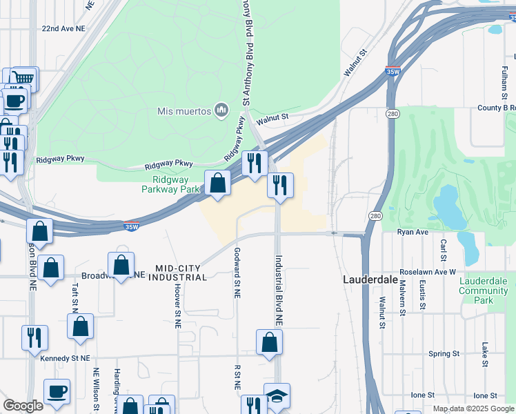 map of restaurants, bars, coffee shops, grocery stores, and more near 1320 1/2 Industrial Boulevard Northeast in Minneapolis