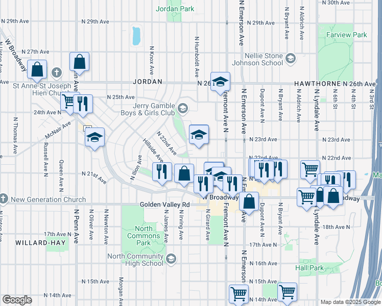 map of restaurants, bars, coffee shops, grocery stores, and more near 2206 North Irving Avenue in Minneapolis