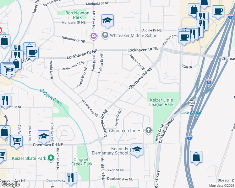 map of restaurants, bars, coffee shops, grocery stores, and more near 1705 Chemawa Road Northeast in Keizer