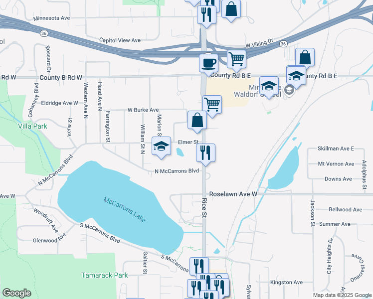 map of restaurants, bars, coffee shops, grocery stores, and more near 170 Elmer Street in Roseville