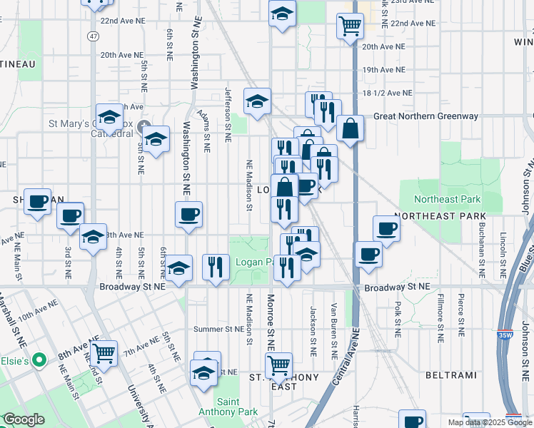 map of restaurants, bars, coffee shops, grocery stores, and more near 1317 Monroe Street Northeast in Minneapolis