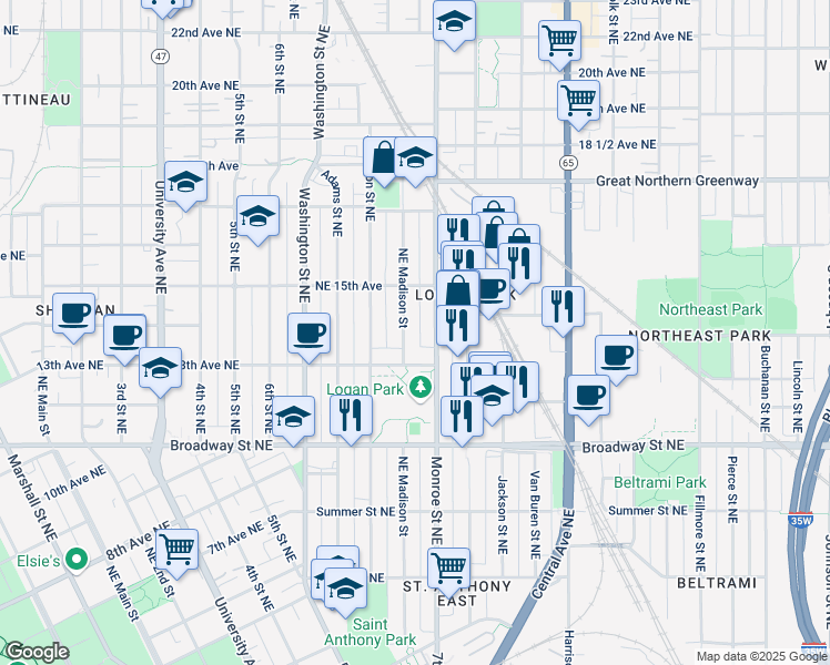 map of restaurants, bars, coffee shops, grocery stores, and more near 685 13th Avenue Northeast in Minneapolis