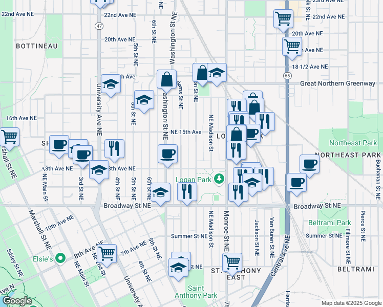 map of restaurants, bars, coffee shops, grocery stores, and more near 1319 Jefferson Street Northeast in Minneapolis