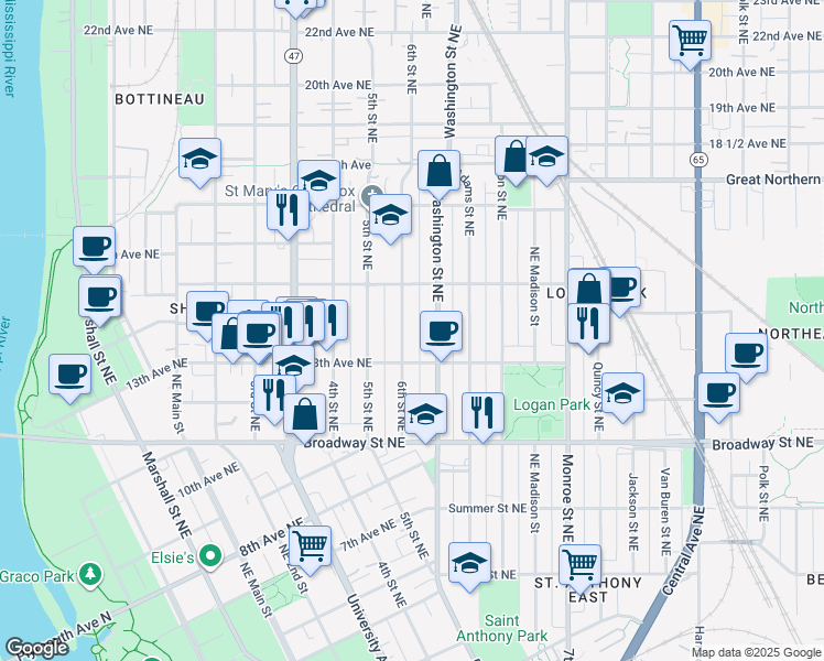 map of restaurants, bars, coffee shops, grocery stores, and more near 1318 Washington Street Northeast in Minneapolis
