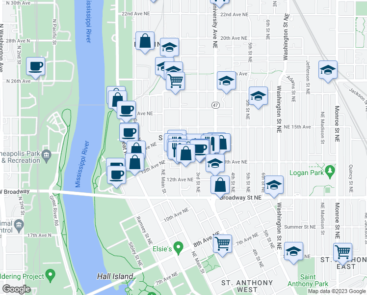 map of restaurants, bars, coffee shops, grocery stores, and more near 1301 Northeast 2nd Street in Minneapolis