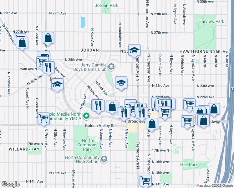 map of restaurants, bars, coffee shops, grocery stores, and more near 2134 North Irving Avenue in Minneapolis