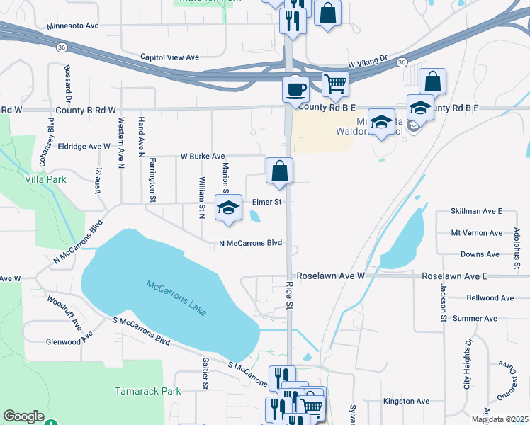 map of restaurants, bars, coffee shops, grocery stores, and more near 170 Elmer Street in Roseville