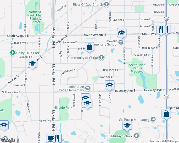 map of restaurants, bars, coffee shops, grocery stores, and more near 1986 Polaris Place in North Saint Paul