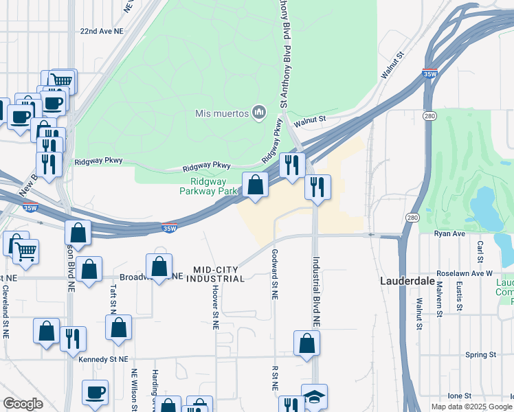 map of restaurants, bars, coffee shops, grocery stores, and more near 1300 Godward Street Northeast in Minneapolis
