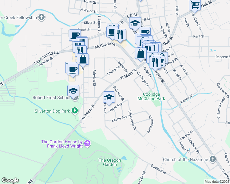 map of restaurants, bars, coffee shops, grocery stores, and more near 160 South Center Street in Silverton