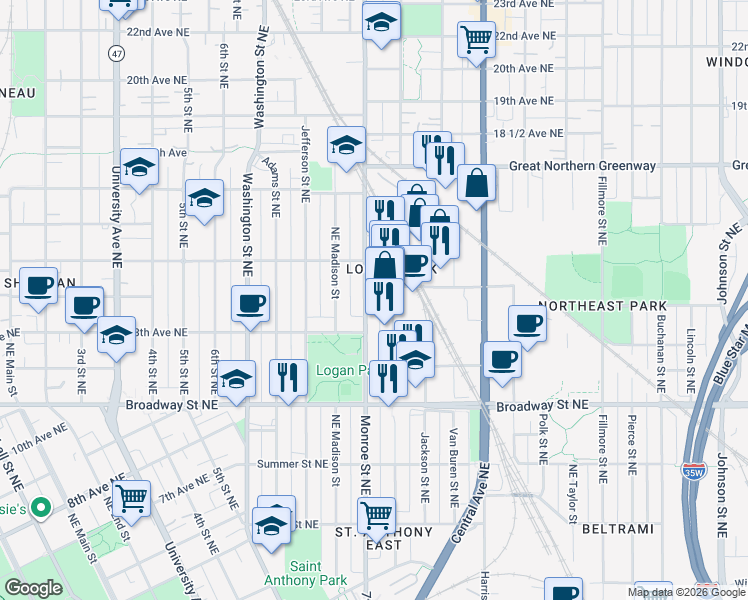 map of restaurants, bars, coffee shops, grocery stores, and more near 1317 Monroe Street Northeast in Minneapolis