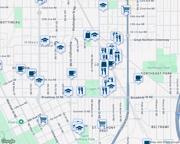 map of restaurants, bars, coffee shops, grocery stores, and more near 685 13th Avenue Northeast in Minneapolis