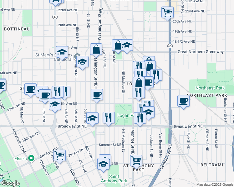 map of restaurants, bars, coffee shops, grocery stores, and more near 1319 Jefferson Street Northeast in Minneapolis