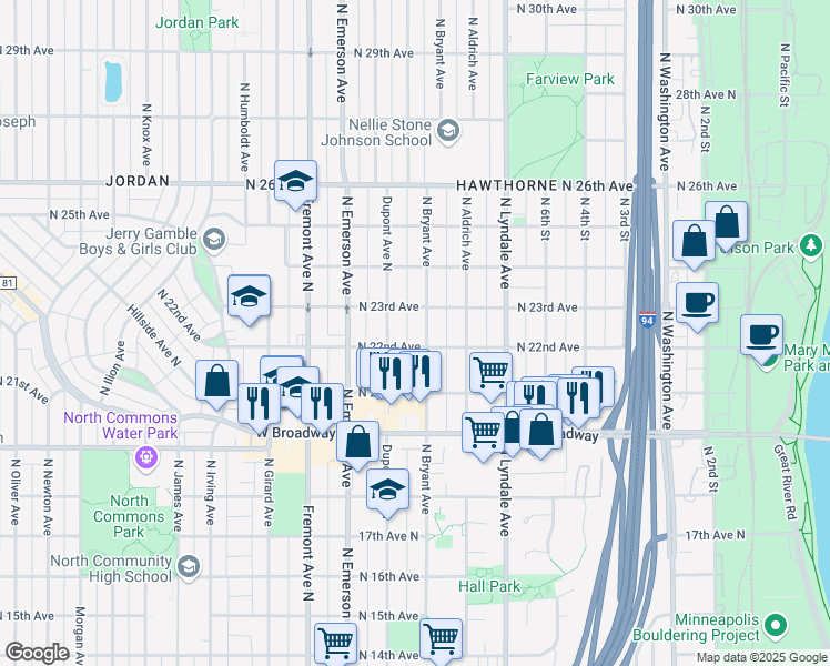map of restaurants, bars, coffee shops, grocery stores, and more near 2131 North Bryant Avenue in Minneapolis