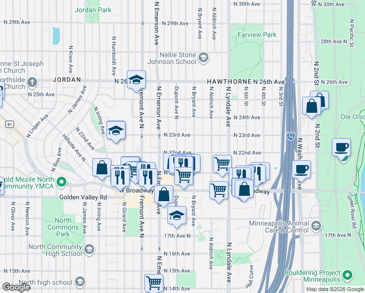 map of restaurants, bars, coffee shops, grocery stores, and more near 2126 Dupont Avenue North in Minneapolis