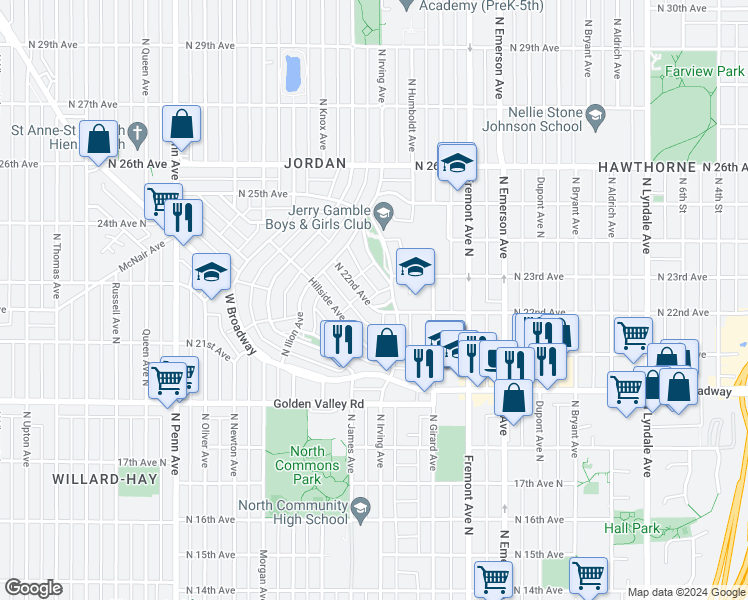 map of restaurants, bars, coffee shops, grocery stores, and more near 1523 North 22nd Avenue in Minneapolis