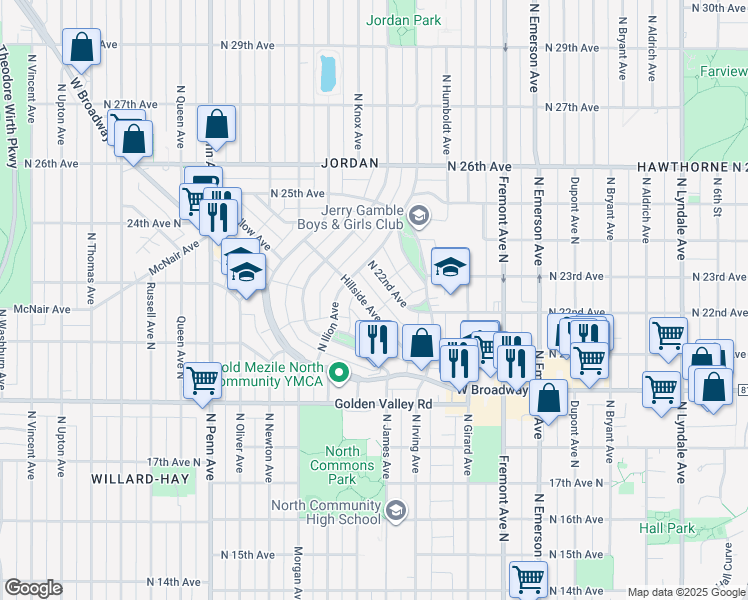 map of restaurants, bars, coffee shops, grocery stores, and more near 1607 Hillside Avenue North in Minneapolis