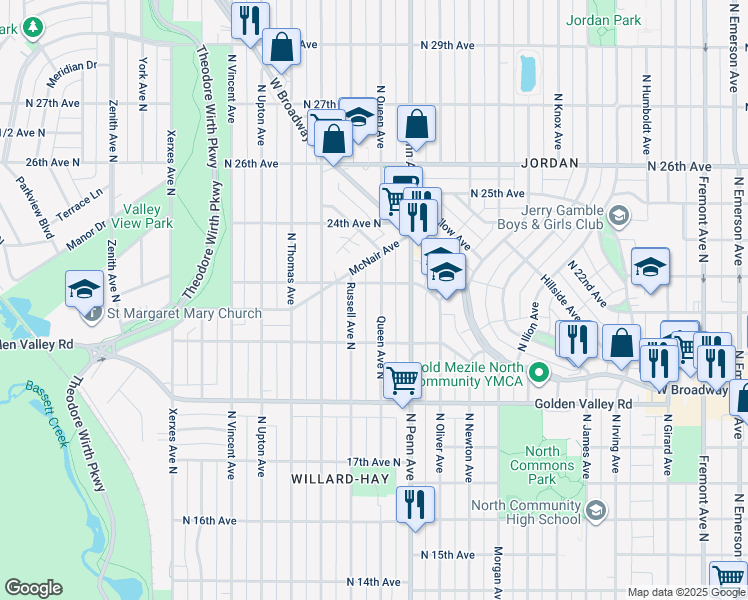 map of restaurants, bars, coffee shops, grocery stores, and more near 2126 Russell Avenue North in Minneapolis