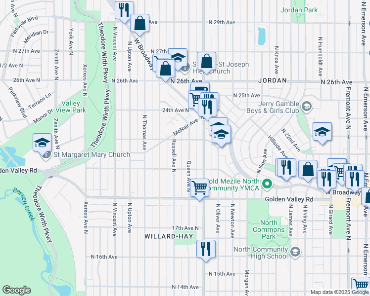 map of restaurants, bars, coffee shops, grocery stores, and more near 2126 Russell Avenue North in Minneapolis