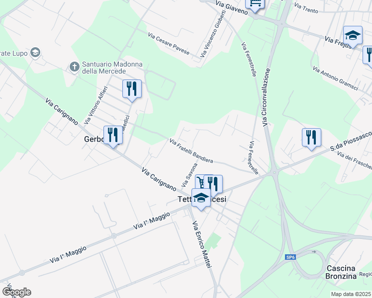 map of restaurants, bars, coffee shops, grocery stores, and more near 24 Via Fratelli Bandiera in Tetti Francesi