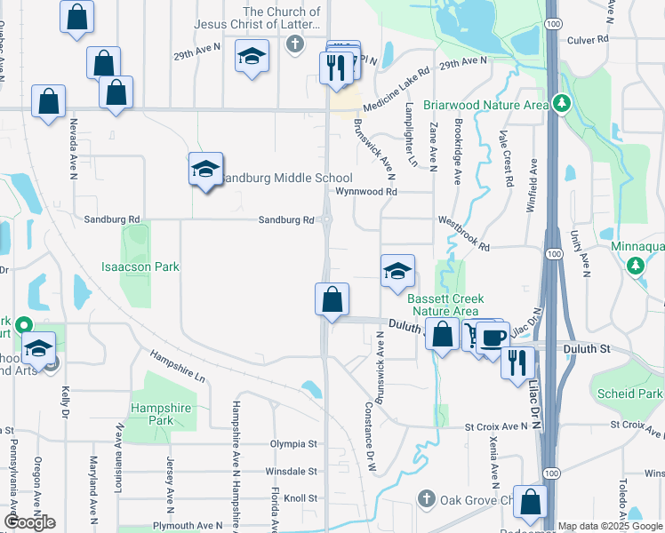 map of restaurants, bars, coffee shops, grocery stores, and more near 2100 Douglas Drive North in Golden Valley