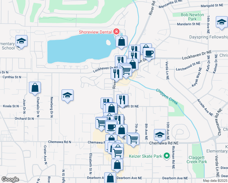 map of restaurants, bars, coffee shops, grocery stores, and more near 5305 River Road North in Keizer