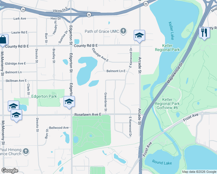 map of restaurants, bars, coffee shops, grocery stores, and more near 1999 Kenwood Drive West in Maplewood