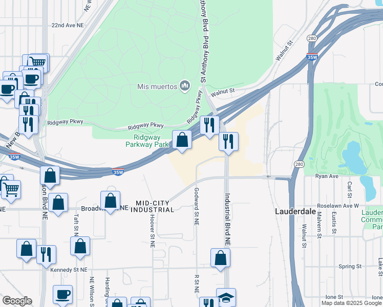 map of restaurants, bars, coffee shops, grocery stores, and more near 1300 Godward St NE in Minneapolis