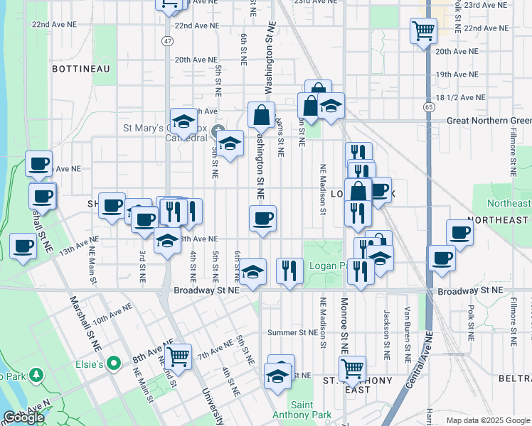 map of restaurants, bars, coffee shops, grocery stores, and more near 1316 Adams Street Northeast in Minneapolis