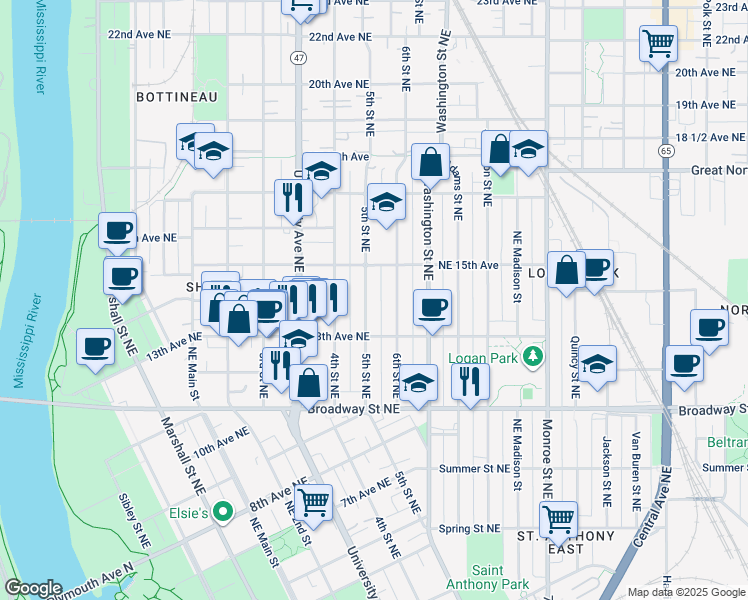 map of restaurants, bars, coffee shops, grocery stores, and more near 1324 6th Street Northeast in Minneapolis