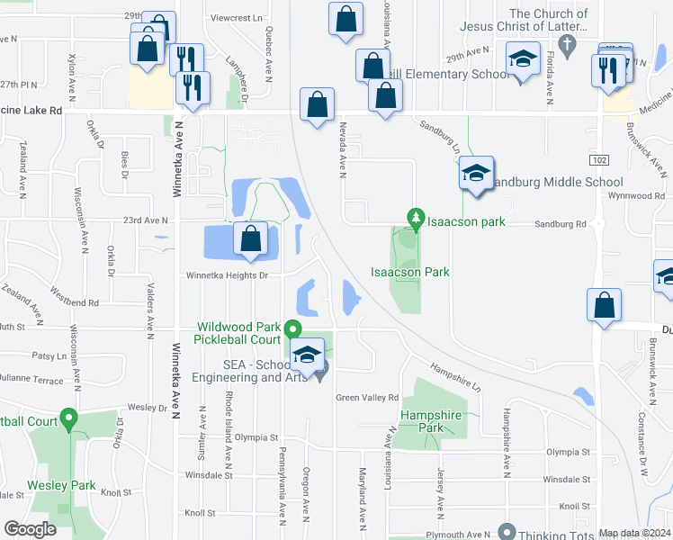 map of restaurants, bars, coffee shops, grocery stores, and more near 2040 Kelly Drive in Minneapolis