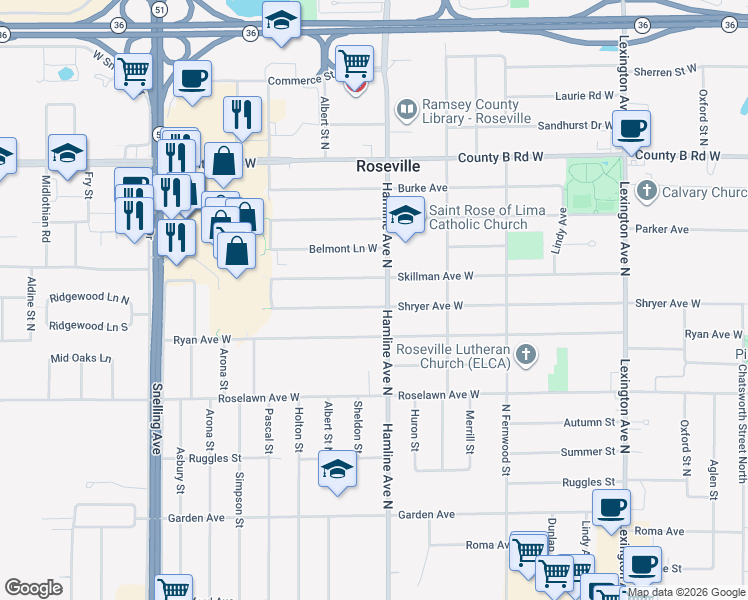 map of restaurants, bars, coffee shops, grocery stores, and more near 1358 Shryer Avenue West in Roseville