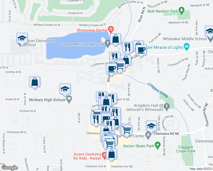 map of restaurants, bars, coffee shops, grocery stores, and more near 5305 River Road North in Keizer